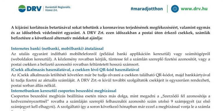 A DRV Zrt. tájékoztatása az elektronikus számla fizetési lehetőségekről