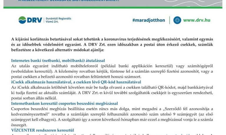 A DRV Zrt. tájékoztatása az elektronikus számla fizetési lehetőségekről