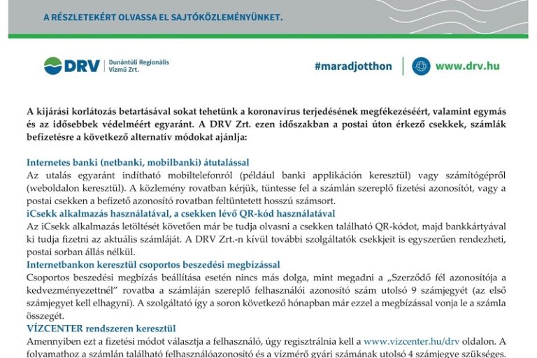 A DRV Zrt. tájékoztatása az elektronikus számla fizetési lehetőségekről