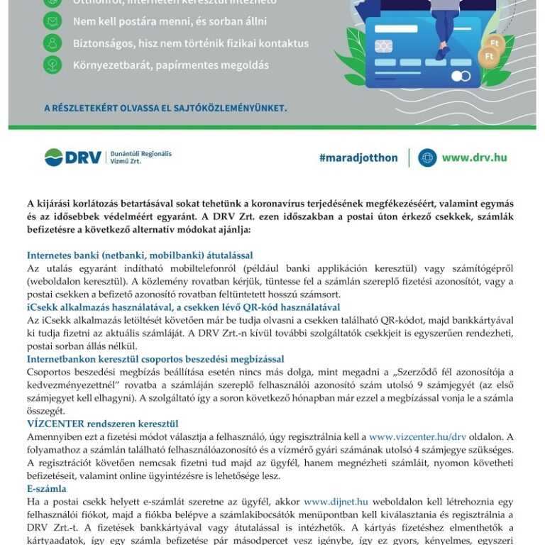 A DRV Zrt. tájékoztatása az elektronikus számla fizetési lehetőségekről