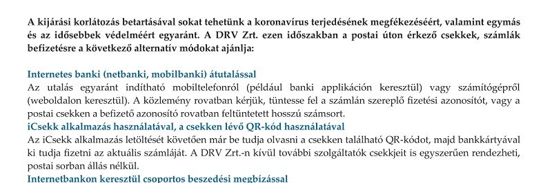 A DRV Zrt. tájékoztatása az elektronikus számla fizetési lehetőségekről