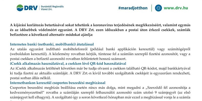 A DRV Zrt. tájékoztatása az elektronikus számla fizetési lehetőségekről