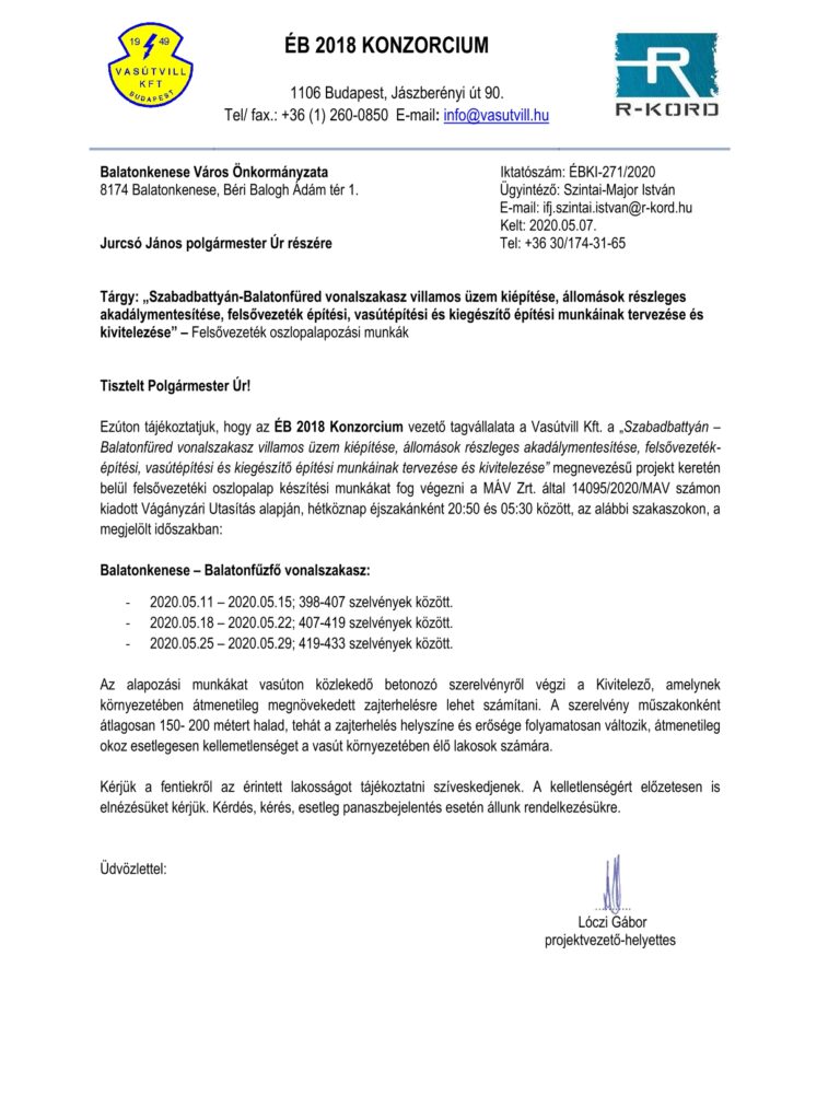 Tájékoztatás várható zajterhelésről