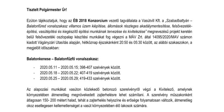 Tájékoztatás várható zajterhelésről