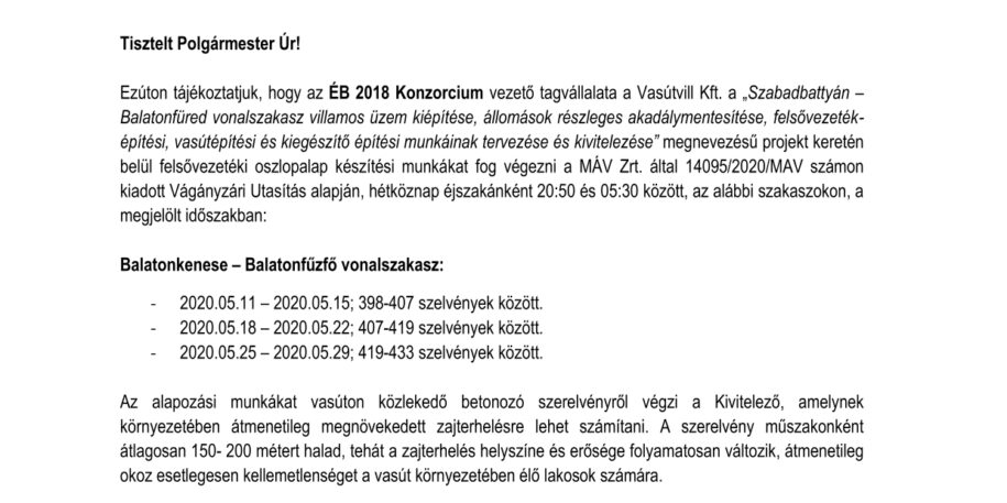 Tájékoztatás várható zajterhelésről