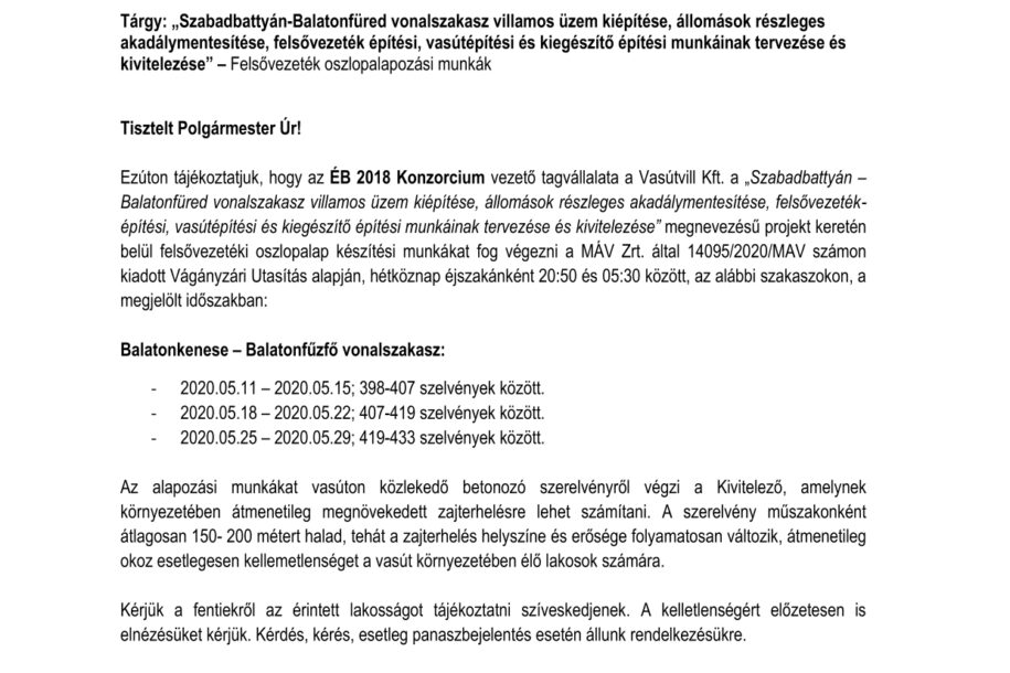 Tájékoztatás várható zajterhelésről