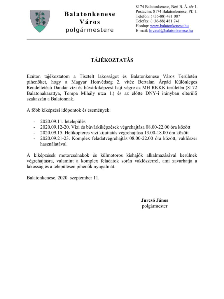 Tájékoztatás honvédségi kiképzésről