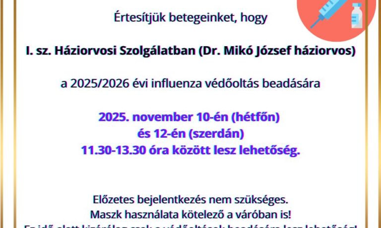 Influenza védőoltás beadásának időpontjai 2025