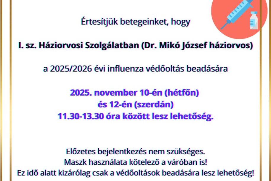 Influenza védőoltás beadásának időpontjai 2025